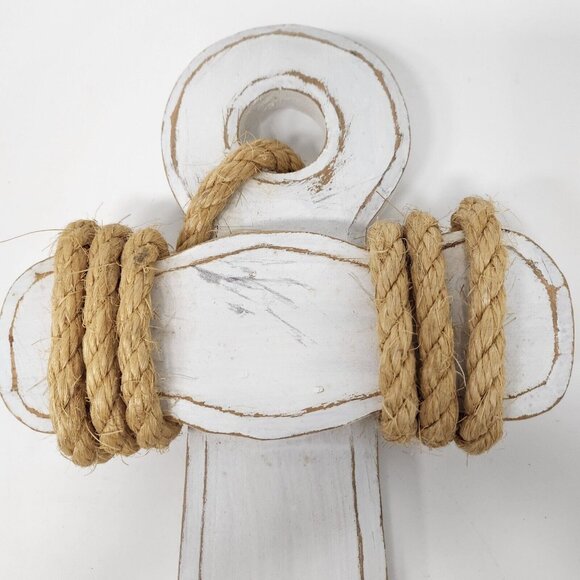 VTG White Distressed Wood Ship Anchor 3 Hook Wall Hanger Rack Nautical Coastal - Picture 4 of 7